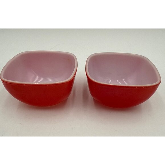 Two Vtg Pyrex #407 7oz Red Square Hostess Ramekin Snack Dish Bowls - Picture 4 of 9